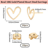 20Pcs Brass Heart Stud Earring Findings, with Raw(Unplated) Sterling Silver Pins and Plastic Protector, with 20Pcs Rack Plating Brass Friction Ear Nuts, Real 18K Gold Plated, 13x11mm, Pin: 0.7mm