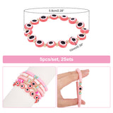 10Pcs 2 Style Polymer Clay Heishi Beaded Stretch Bracelets Set, Preppy Bracelets with Resin Evil Eye for Women, Pink, Inner Diameter: 2-1/4 inch(5.8cm), 2Pcs/style