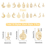 20Pcs 10 Style Brass Micro Pave Clear Cubic Zirconia Pendants, with Jump Ring, Long-Lasting Plated, Real 18K Gold Plated, 11~18x7.5~14x1~2.5mm, 2pcs/style