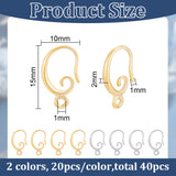 20 Pairs 2 Colors Brass Earring Hooks, with Horizontal Loops, Long-Lasting Plated, Real Gold Plated & Real Platinum Plated, 15x10x2mm, Hole: 1mm, 18 Gauge, Pin: 1mm, 10 pairs/color