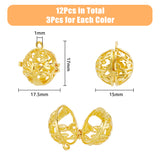 12Pcs 3 Colors Brass Cage Pendants, For Chime Ball Pendant Necklaces Making, Hollow Round Charm with Tree of Life, Mixed Color, 17x17.5x15mm, Hole: 1mm, Inner Diameter: 11.5mm, 4pcs/color