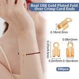 200Pcs Brass Folding Crimp Ends, Fold Over Crimp Cord Ends, Long-Lasting Plated, Real 18K Gold Plated, 9.5x5x4.5mm, Hole: 2mm, Inner Diameter: 4mm