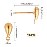 100Pcs Teardrop Brass Stud Earring Findings, with Loop, Long-Lasting Plated, Real 18K Gold Plated, 12x9x4mm, Hole: 0.9mm, Pin: 0.7mm, 100pcs/box