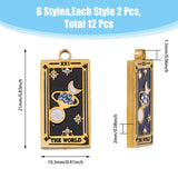 12Pcs 6 Style 304 Stainless Steel Pendants, with Enamel and Rhinestone, Golden, Rectangle with Tarot Pattern, Mixed Color, 21x10.5x2mm, Hole: 1.5mm, 2pcs/style