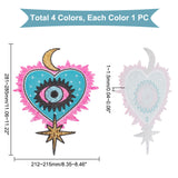 4Pcs 4 Colors Heart with Evil Eye & Moon & Star Pattern Cloth Computerized Embroidery Iron On/Sew On Patches, Glitter Paillette Appliques, Mixed Color, 281~285x212~215x1~1.5mm, 1pc/color
