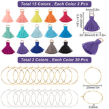 DIY Tassel Wine Glass Charm Tags Making Kit, Inlcluding Polycotton(Polyester Cotton) Tassel Pendant Decorations, Brass Wine Glass Charm Rings, Mixed Color, Tassel Pendant: 20~30x7~8mm, Hole: 5mm, 30pcs/box