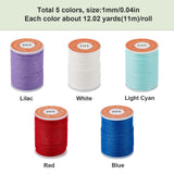 5 Rolls 5 Colors Round Waxed Polyester Cord, Taiwan Waxed Cord, Twisted Cord, Mixed Color, 1mm, about 12.02 yards(11m)/roll, 1 roll/color