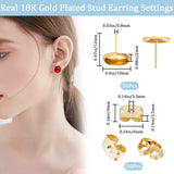 50Pcs Flat Round 304 Stainless Steel Stud Earring Settings, with 50Pcs Ear Nuts, Real 18K Gold Plated, 12x2mm, Pin: 0.8mm, Tray: 10mm