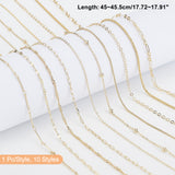 10Pcs 10 Styles Brass Paperclip & Cable & Box & Satellite & Bar Link Chain Necklaces Set, Real 14K Gold Plated, 17.71~17.91 inch(45~45.5cm), 1Pc/style