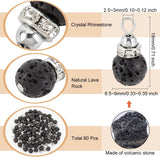 Natural Lava Rock Pendants, with Non-magnetic  Hematite and Platinum Tone Brass Crystal Rhinestone Findings, Round, 18x8.5~9mm, Hole: 2.5~3mm, 80pcs/box