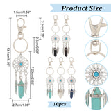 10Pcs Woven Net/Web with Feather Alloy Pendant Decorations, with Natural Double Terminated Pointed Gemstone Charms, Antique Silver & Platinum, 131mm