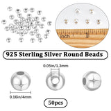 Round 925 Sterling Silver Beads, Silver, 4mm, Hole: 1.3mm, 50Pcs/box