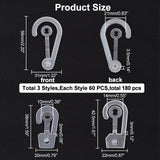 180Pcs 3 Style PP Plastic Display Snap Hooks, Package Clip Hanger, for Shirt Dress Underwear Sock Gloves, Ghost White, 38~56x20~31x2~3.5mm, Inner Diameter: 10~21mm, 60pcs/style