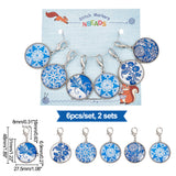 Glass Flat Round with Blue and White Porcelain Pattern Charm Locking Stitch Markers, Zinc Alloy Lobster Claw Clasps Locking Stitch Marker, Platinum, 4.8cm, 6pcs/set
