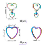 10Pcs Rainbow Color Plated Iron Split Key Rings, with 10Pcs Alloy Swivel Snap Hooks Clasps, Heart Pattern, Swivel Snap Hooks Clasps: 35x24mm, Key Rings: 31x30.5x3mm, Inner Diameter: 26x25mm