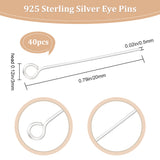 40Pcs 925 Sterling Silver Eye Pin, Silver, 20x3mm, Pin: 0.5mm