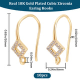 10Pcs Brass Micro Pave Clear Cubic Zirconia Earring Hooks, Ear Wire, Hollow Out Rhombus, Real 18K Gold Plated, 16x6mm, Hole: 1mm, Pin: 0.6mm