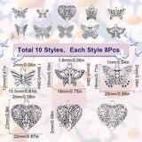 80Pcs 10 Styles Tibetan Style Alloy Charms, Butterfly, Antique Silver, 12~23x15.5~25x1.5~2mm, Hole: 1.4~2.5mm, 8pcs/style