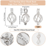 1Pc Rhodium Plated 925 Sterling Silver Empty Bead Cage Pendants, with Cubic Zirconia, Platinum, Oval, 19.5x9.5x10.5mm, Hole: 4x2.5mm
