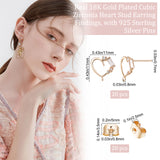 20Pcs Brass Cubic Zirconia Stud Earring Findings, with Vertical Loop & 925 Sterling Silver Pins & 20Pcs Brass Ear Nuts, Heart, Nickel Free, Real 18K Gold Plated, 11x11mm, Hole: 0.8mm, Pin: 0.7mm