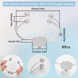 304 Stainless Steel Double Wire Cuff Bangle Makings, with Ball Tip, Flat Round Tray Settings, Blank Bangle Base, Stainless Steel Color, 1/8~3/4 inch(0.4~2cm), Inner Diameter: 2-1/2 inch(6.2cm), Tray: 20.2mm, 8pcs/bag