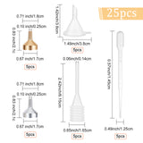 25Pcs 5 Style Aluminum Funnels, Hoppers, with Plastic Trasfer Pipettes, for Liquid Powder Transfer, Mixed Color, 21~145x31~18mm, Hole: 1.4~2.5mm, Inner Diameter: 17mm, 5pcs/style