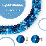 3 Strands Natural Striped Agate/Banded Agate Beads Strands, Dyed & Heated, Grade A, Round, Blue, 8mm, Hole: 1mm, about 43pcs/strand, 15.5 inch