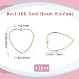12Pcs Brass Pendants, Heart, Real 18K Gold Plated, 39x37x1.5mm, Hole: 2.5mm