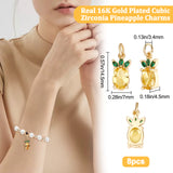 8Pcs Brass Micro Pave Gold Cubic Zirconia Charms, with Jump Rings, Nickel Free, Pineapple, Real 16K Gold Plated, 14.5x7x4.5mm, Jump Ring: 5x0.8mm, 3.4mm inner diameter