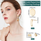 40Pcs 201 Stainless Steel Stud Earring Findings, with 304 Stainless Steel Pin & Hole & Friction Ear Nuts, Oval, Real 24K Gold Plated, 15x11mm, Hole: 1.8mm, Pin: 0.7mm