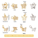 12Pcs 3 Style Brass Micro Pave Clear Cubic Zirconia Pendant, Cadmium Free & Lead Free, Butterfly, Mixed Color, 9~11x10~10.5x1.5~2mm, Hole: 3~3.5mm, 4pcs/style