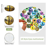 30Pcs 15 Style Luminous Glass Cabochons, Half Round with Eye, Mixed Color, 20x6mm, 2pcs/style