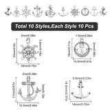 100Pcs 10 Style Tibetan Style Alloy Pendants, Anchor Helm, Antique Silver, 17~31x12.5~23.5x2~3mm, Hole: 1.5~3mm, 10pcs/style