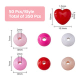 350Pcs 7 Style Opaque Acrylic Beads, Round & Heart, Mixed Color, 8~10x5.5~7mm, Hole: 1.5~2mm, 50pcs/style