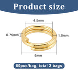 2 Bags Brass Split Rings, Double Loops Jump Rings, Real 18K Gold Plated, 6x1.5mm, Hole: 4.5mm, Single Wire: 0.75mm, about 50pcs/bag