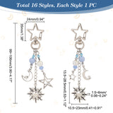 Alloy Pendant Keychain, with Alloy Swivel Clasps with Acrylic & Glass Beads, Moon & Sun & Star, Antique Silver & Platinum, 9.9~10.6cm, 16 style, 1pc/style, 16pcs/set