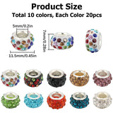 200Pcs 10 Colors Polymer Clay Rhinestone European Large Hole Beads with Silver Plated Brass Cores, Rondelle, Mixed Color, 11~12x7~7.5mm, Hole: 5mm, 20Pcs/color