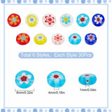 180Pcs 6 Colors Handmade Millefiori Glass Flat Round Bead Strands, Single Flower Design, Mixed Color, 8x4mm, Hole: 1mm, 30pcs/color