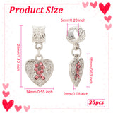 30Pcs Alloy Rose Rhinestone European Dangle Charms, Large Hole Pendant, Heart with Breast Cancer Sign Ribbon Pattern, Platinum, 28mm, Pendant: 16x14x2mm, Hole: 5mm