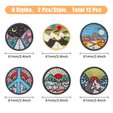 12Pcs 6 Style Mountain Theme Flat Round Patches, Computerized Embroidery Cloth Iron on Patches, Costume Accessories, Mixed Patterns, 61x1.8mm, 2pcs/style