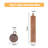 80Pcs 2 Style Brass Stamping Blank Tag Charms, Rectangle & Flat Round, Red Copper, 25x0.25mm and 41x7x0.5mm, 40pcs/style