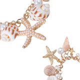 Trendy Shell Charm Bracelets, CCB Plastic Alloy Rhinestone Starfish and Glass Pearl Pendants, with Iron Chains and Brass Lobster Claw Clasps, Golden, 230mm