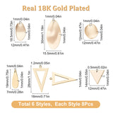 48Pcs 6 Style Brass Pendants, Oval & Teardrop & Triangle & Horse Eye, Golden, 12~30x7~18x1mm, Hole: 0.5~1.2mm, 8pcs/style
