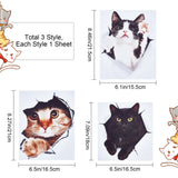 3 Sheets 3 Styles PVC Waterproof Self-Adhesive Stickers, Frosted 3D Cat Decals for Car, Motocycle Decor, Mixed Color, 212x166x0.2mm, Stickers: 165~209x153~214mm, 1 sheet/style