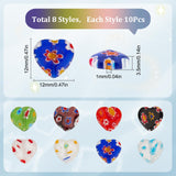 80Pcs 8 Style Handmade Millefiori Lampwork Beads Strands, Heart, Mixed Color, 11~12x12x4~5mm, Hole: 1mm, about 10pcs/style