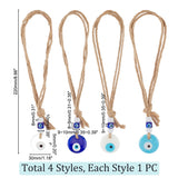 1 Set Handmade Lampwork Evil Eye Pendants Decorations, with Opaque Acrylic Beads and Jute Cord, Mixed Color, 220mm, 4pcs/set