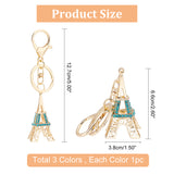 3Pcs 3 Colors Zinc Alloy Rhinestone Keychain, with Light Gold Plated Split Key Rings, Lobster Claw Clasps, Eiffel Tower, Mixed Color, 12.7cm, 1pc/color