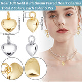 10Pcs 2 Colors Brass Pendants, Long-Lasting Plated, with Jump Ring, Heart, Real Gold Plated & Real Platinum Plated, 10x10x3.5mm, Jump Ring: 5x1mm, Inner Diameter: 3mm, 5pcs/color