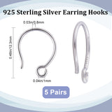 5 Pair 925 Sterling Silver Earring Hooks, Ear Wire, with Horizontal Loops, Platinum, 12.3mm, Hole: 1mm, Pin: 0.8mm