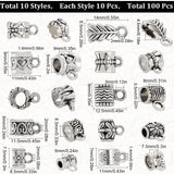 100Pcs 10 Style Tibetan Style Alloy Tube Bails, Loop Bails, Flower & Heart & Leaf & Butterfly & Column, Antique Silver, 7.5~14x5.5~9x4.5~9mm, Hole: 1.4~3mm, 10pcs/style